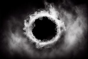 illustration of white smoke exploding outwards with empty center. Dramatic smoke or fog effect for spooky, hot lighting ring circle photo