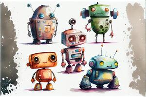 illustration of a cute robot collection on white background with margins, watercolor photo