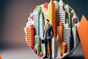 Business man in the city background, colorful. Business handshaking, successful concept. Paper cut craft, 3d paper illustration style. Neural network generated art. photo