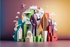 Business man in the city background, colorful. Business handshaking, successful concept. Paper cut craft, 3d paper illustration style. Neural network generated art. photo