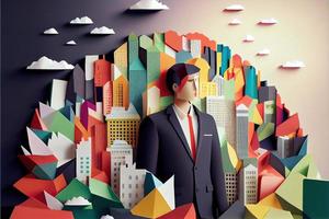 Business man in the city background, colorful. Business handshaking, successful concept. Paper cut craft, 3d paper illustration style. Neural network generated art. photo