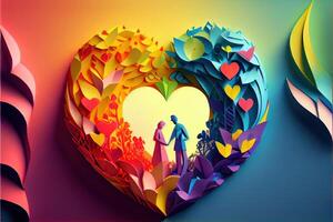 illustration of origami Valentine day background, happy couple, colorful. Paper cut craft, 3d paper style. Neural network generated art. Digitally generated image photo