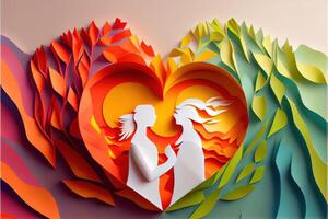 illustration of origami Valentine day background, happy couple, colorful. Paper cut craft, 3d paper style. Neural network generated art. Digitally generated image photo