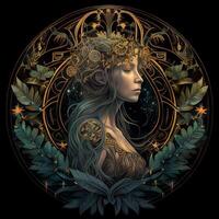 illustration of cyberpunk Zodiac sign with a forest growing on shoulders, galaxy, centered inside intricate gold circle of foliage photo