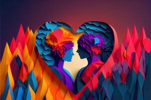 illustration of origami Valentine day background, happy couple, colorful. Paper cut craft, 3d paper style. Neural network generated art. Digitally generated image photo