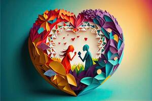 illustration of origami Valentine day background, happy couple, colorful. Paper cut craft, 3d paper style. Neural network generated art. Digitally generated image photo