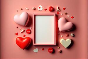 illustration of Valentine frame and banner. Red decoration. flat lay, romantic. Love and valentine day concept. Neural network generated art. Digitally generated image. photo