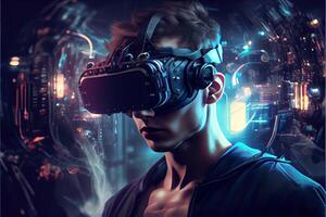 illustration of an enthusiastic young men wearing virtual reality goggles is inside the metaverse. Metaverse concept and virtual world elements. Neural network art photo