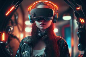 illustration of an enthusiastic young women wearing virtual reality goggles is inside the metaverse. Metaverse concept and virtual world elements. Neural network art photo