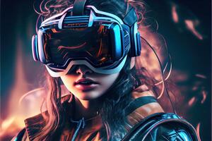 illustration of an enthusiastic young women wearing virtual reality goggles is inside the metaverse. Metaverse concept and virtual world elements. Neural network art photo