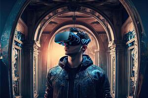 illustration of an enthusiastic young men wearing virtual reality goggles is inside the metaverse. Metaverse concept and virtual world elements. Neural network art photo