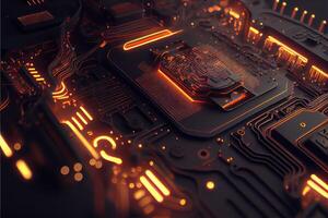 illustration of macro shot of circuit cyberspace board with computer motherboard component microchip with chip structure. Neural network generated art. photo