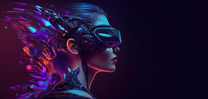 illustration of Metaverse concept and virtual world elements. Side view of human face in augmented or virtual reality headset inside the metaverse photo