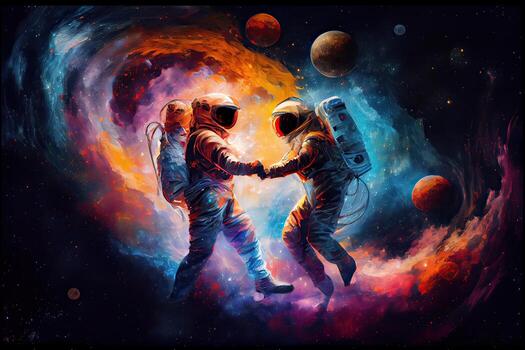 illustration of two astronauts, dressed in spacesuits, are floating in zero gravity while dancing closely. The background is a breathtaking view of the galaxy, with stars and nebulae photo