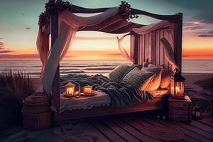 illustration of a romantic evening by the sea, featuring a cozy wooden bed adorned with candles and greetings, all illuminated by the warm glow of a beautiful sunset photo