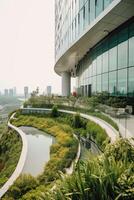 illustration of Gorgeous garden on the rooftop of a contemporary glass office building in Asia photo