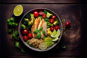 illustration of healthy salad bowl with quinoa, tomatoes, chicken, avocado, lime and mixed greens, lettuce, parsley on wooden background top view. Food and health. photo