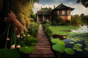 generativo ai ilustración de el lago es rodeado por verde agua plantas, vistoso verde flores, espumoso en el lago, tradicional chino casa,adoquines camino, hermoso Brillo Solar foto