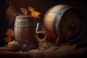 illustration of wine with wooden barrel, hay and grape photo