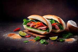 illustration of banh mi vietnam bread, food, studio, asian, Vietnamese sandwich , Vietnamese food, copy space photo