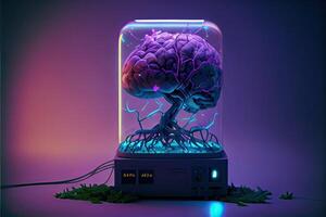 illustration of a brain in a jar sitting in an old lab, wires everywhere connect it to a row of monitors and glowing computer screens photo