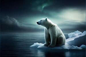 illustration of lonely white bear on iceberg, aurora sky photo