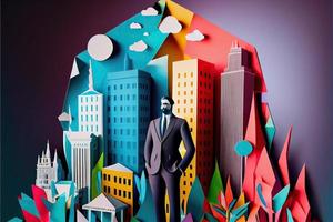 Business man in the city background, colorful. Business handshaking, successful concept. Paper cut craft, 3d paper illustration style. Neural network generated art. photo