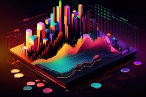 illustration of crypto market data, chart, silhouette crypto currency market, isometric, colorful gradient background photo