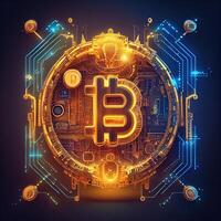 illustration of bit coin bioluminescence, vibrant, dreamy, crepuscular rays, cyberpunk Bitcoin sign with a universal, high tech detail, lighting photo