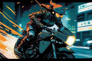 illustration of a high-speed motorcycle chase through a neon-lit city, in a gritty comic book style photo