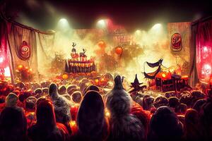 illustration of Colorful halloween indoor party, children playing on night halloween street, creepy castle, american neighborhood background. Digitally generated image. photo