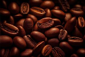 illustration of Roasted Coffee Beans Closeup On Dark Background, blurred background photo