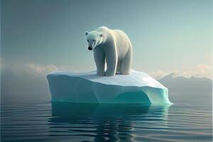 illustration of lonely white bear on iceberg, aurora sky photo