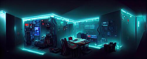 illustration of messy and dark cyberpunk hacker hideout room with lights photo