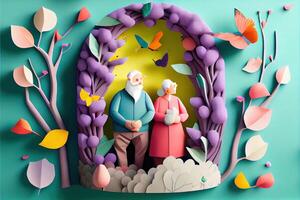 illustration of origami spring background, joyful elderly, happy family with parent, colorful. Paper cut craft, 3d paper illustration style, pop color. Neural network generated art. photo