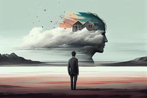 illustration of a mind in flux, a surreal digital artwork of a person's face fragmented into disparate states, state in mind, sad, negative, worry photo