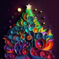 illustration of photo paper cut quilling multidimensional paper cut, craft paper illustration, christmas tree and colored lights vine stars, pop color. Neural network generated art.