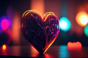 illustration of love heart neon light, decor, bright light, romantic. Love and valentine day concept. Neural network generated art. Digitally generated image. photo