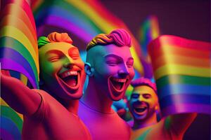 generativo ai ilustración de diversidad joven gay mujer y hombres con ondulación orgullo arco iris bandera. partidarios de el lgbt comunidad. neural red generado Arte. digitalmente generado imagen. foto