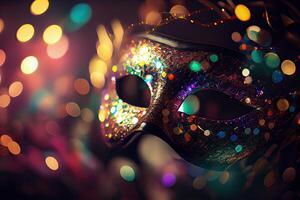 illustration of the vibrant energy and excitement of Brazilian Carnival, Venetian Carnival mask and confetti with abstract defocused bokeh lights and shiny streamers photo