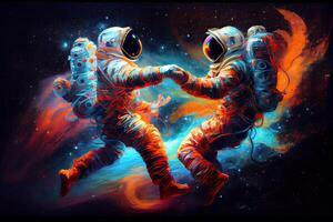 illustration of two astronauts, dressed in spacesuits, are floating in zero gravity while dancing closely. The background is a breathtaking view of the galaxy, with stars and nebulae photo