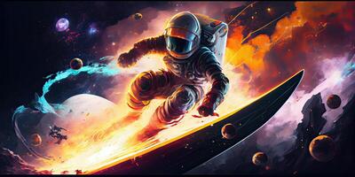 illustration of a space explorer riding a rocket-powered surfboard through an asteroid field, in a digital art style with a galactic color palette photo