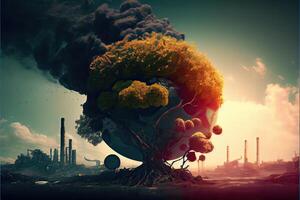 illustration of landscape with ecological disaster. Polluted earth and ocean photo