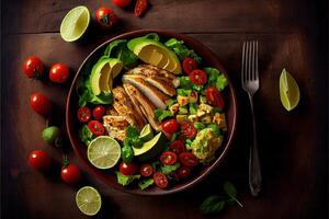 illustration of healthy salad bowl with quinoa, tomatoes, chicken, avocado, lime and mixed greens, lettuce, parsley on wooden background top view. Food and health. photo