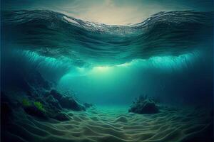 illustration of Ocean depth. Underwater empty landscape, ocean bottom, sea wave photo