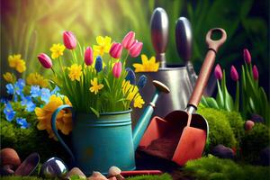 illustration of Spring garden care. Flowers in the garden. Garden tools. Outdoor gardening tools on grass in spring garden photo