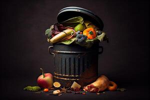 generativo ai ilustración de no usado, podrido verduras son dispuesto de en el basura. comida residuos y comida pérdida consiguiendo eliminar de comida residuos a hogar foto