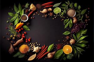 illustration of wide variety spices and herbs on background of black table, with empty space photo