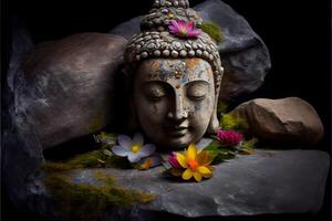 illustration of abstract lifelike buddha, flowers, magic lighting, beautiful metallic and stone colors, detailed, natural lighting, natural environment. Digitally generated image photo