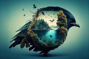 illustration of the beauty of nature with a stunning double exposure landscape featuring a river, trees, and feathers photo